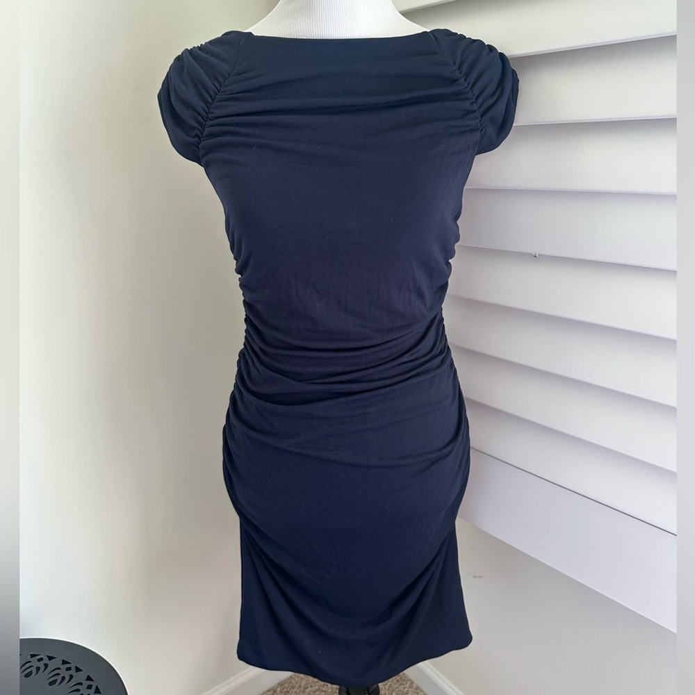 Susana Monaco Navy Ruched Boat Neck Midi Dress Medium